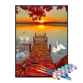 Kit de Pintura Numerada - Cisnes no Lago ao Entardecer