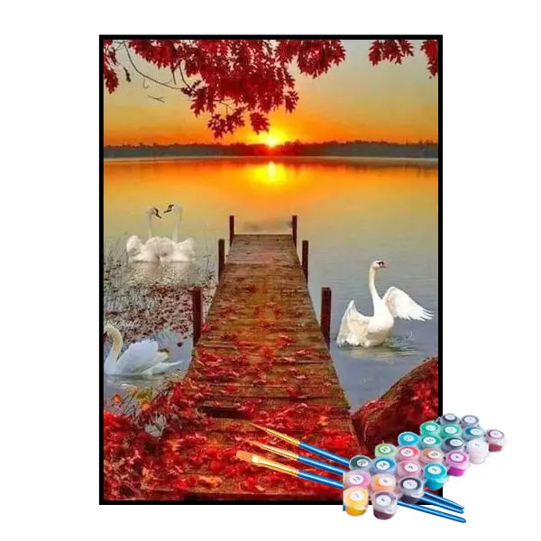 Kit de Pintura Numerada - Cisnes no Lago ao Entardecer