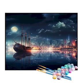 Kit de Pintura Numerada - Navio Navegando na Grande Cidade