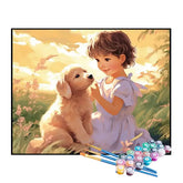 Kit de Pintura Numerada - Menina e Filhote no Jardim