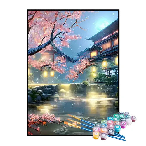 Kit de Pintura Numerada - Casa Oriental com Cerejeira