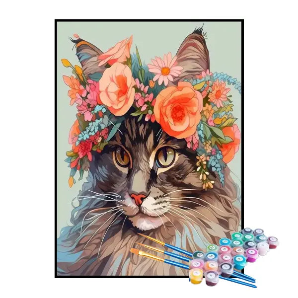 Kit de Pintura Numerada - Gato com Rosas na Cabeça