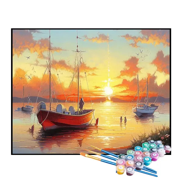 Kit de Pintura Numerada - Barcos ao Pôr do Sol