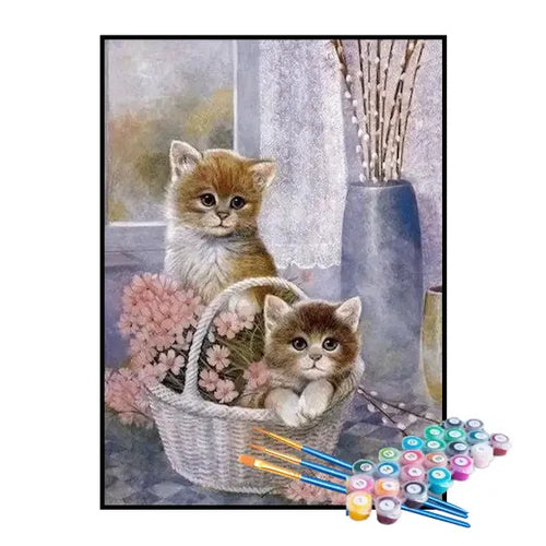 Kit de Pintura Numerada - Gatinhos no Cesto de Flores