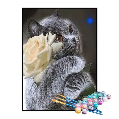 Kit de Pintura Numerada - Gato Abraçado à Rosa