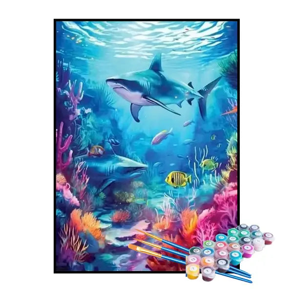Kit de Pintura Numerada - Tubarões no Mar