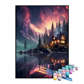 Kit de Pintura Numerada - Aurora Boreal Refletindo no Lago da Cabana