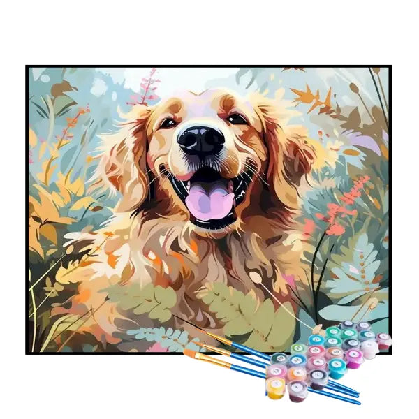 Kit de Pintura Numerada - Golden Retriever Brincando no Jardim