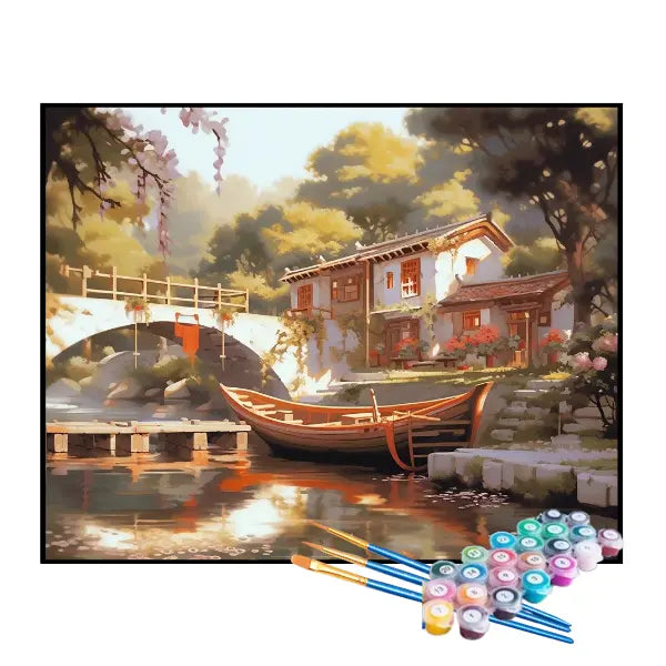 Kit de Pintura Numerada - Ponte Sob o Lago em Direção à Casa