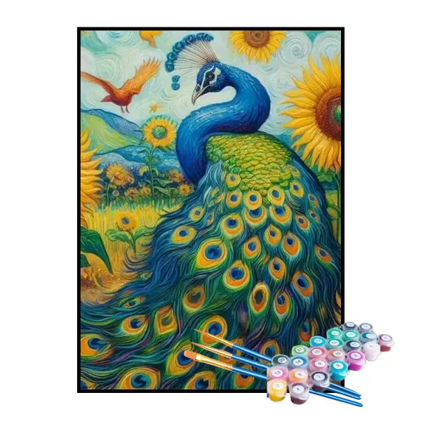 Kit de Pintura Numerada - Pavão nos Campos de Girassóis