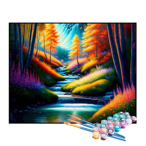 Kit de Pintura Numerada - Riacho Atravessando a Floresta Colorida