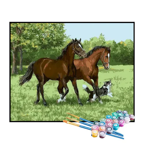 Kit de Pintura Numerada - Cavalos Brincando no Jardim