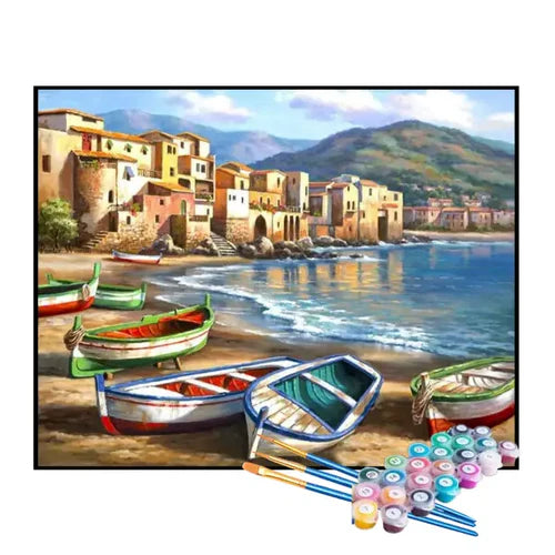 Kit de Pintura Numerada - Barcos na Cidade Litorânea