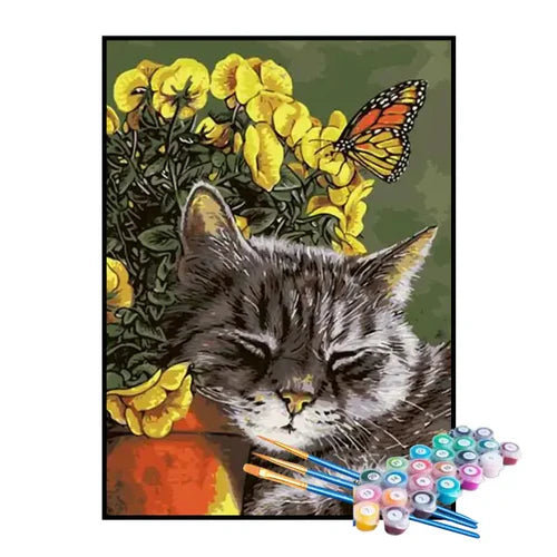 Kit de Pintura Numerada - Gato no Buquê de Flores