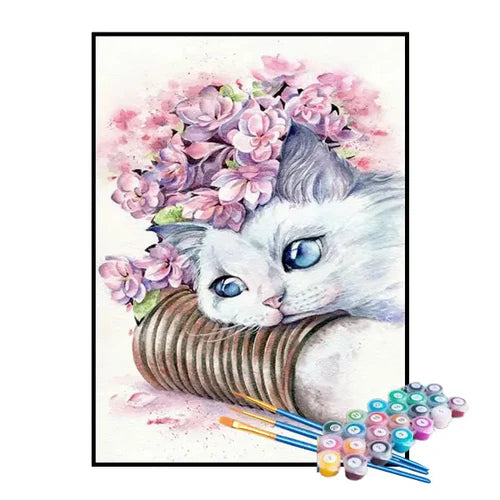 Kit de Pintura Numerada - Gatinho Deitado nas Flores