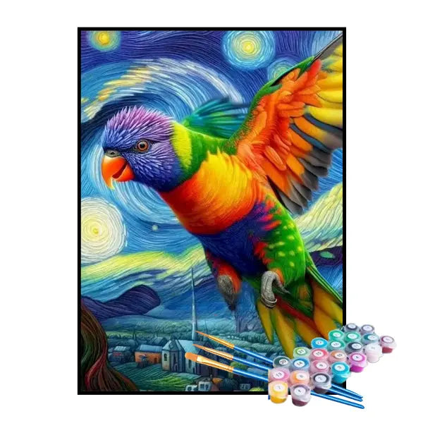 Kit de Pintura Numerada - Pássaro Colorido na Noite Estrelada