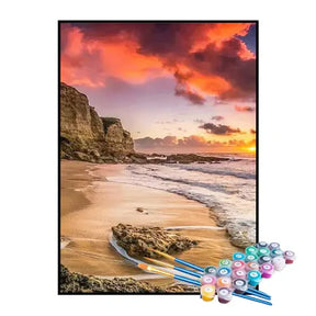 Kit de Pintura Numerada - Praia com Nuvens Avermelhadas