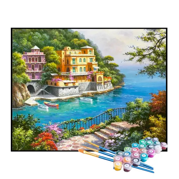 Kit de Pintura Numerada - Mansão na Ilha à Beira-Mar