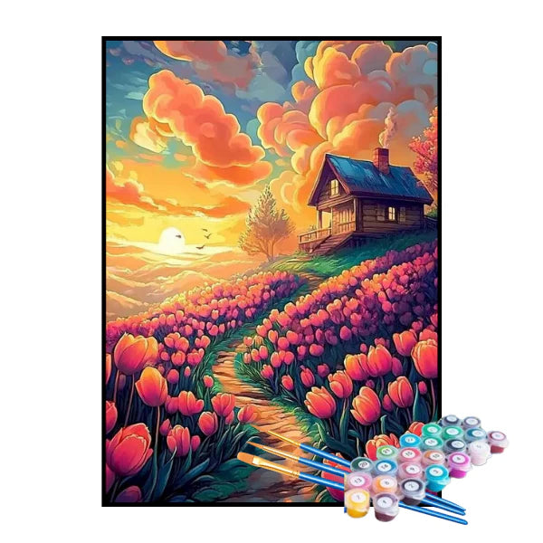Kit de Pintura Numerada - Colhendo Flores no Caminho da Cabana