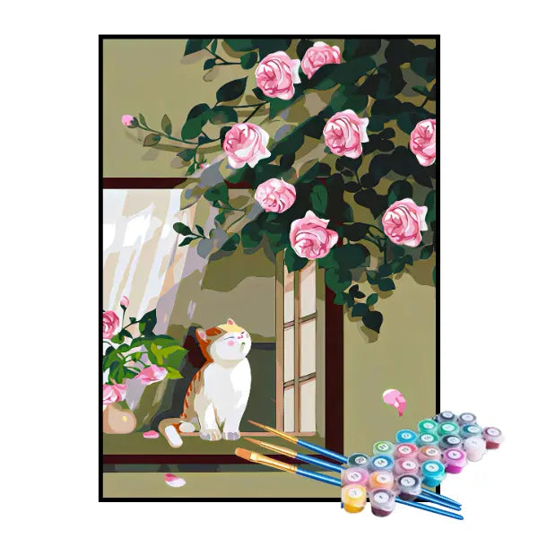 Kit de Pintura Numerada - Gatinho Observando a Roseira