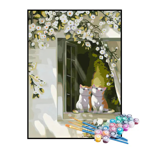 Kit de Pintura Numerada - Gatinhos Observando o Galho pela Janela
