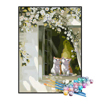 Kit de Pintura Numerada - Gatinhos Observando o Galho pela Janela