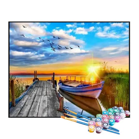 Kit de Pintura Numerada - Cais e Barco ao Crepúsculo