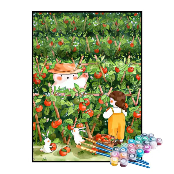 Kit de Pintura Numerada - Menina e Coelhinhos Colhendo Tomates