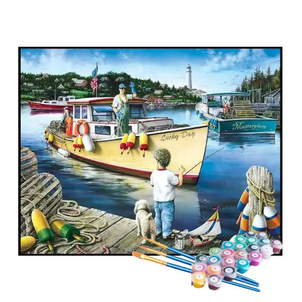 Kit de Pintura Numerada - Crianças Pescando no Porto