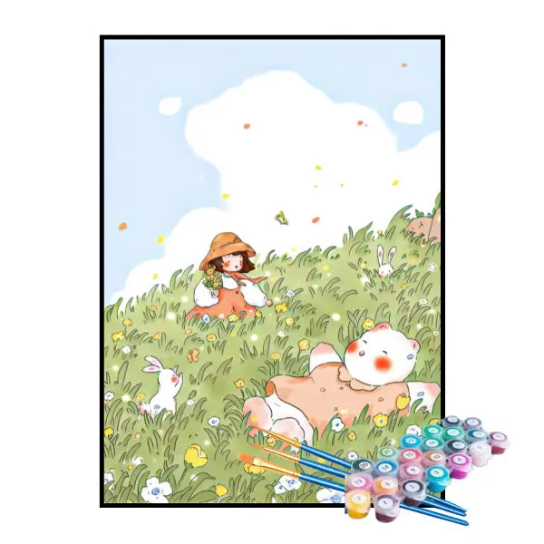 Kit de Pintura Numerada - Menina e Coelhinhos no Jardim