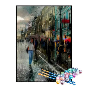 Kit de Pintura Numerada - Vila Animada Sob a Chuva