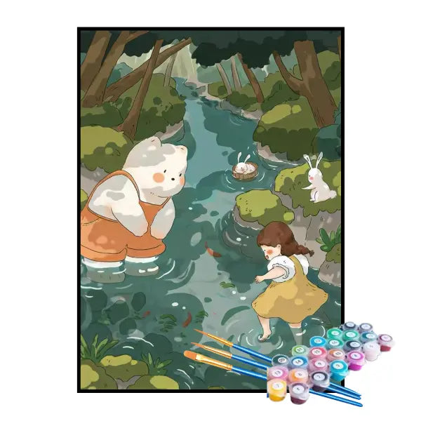 Kit de Pintura Numerada - Menina e Coelhinhos no Riacho