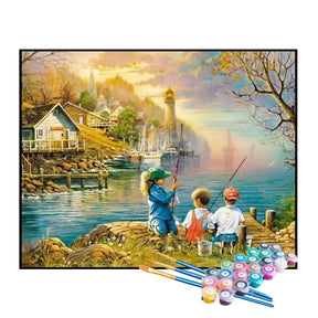 Kit de Pintura Numerada - Crianças Pescando no Lago
