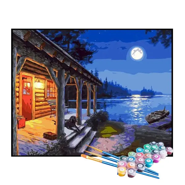Kit de Pintura Numerada - A Lua Iluminando o Chalé no Lago