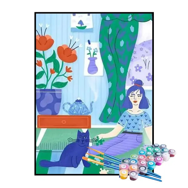 Kit de Pintura Numerada - A Menina e o Gatinho no Tapete