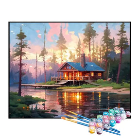Kit de Pintura Numerada - Chalé de Madeira às Margens do Lago Tranquilo