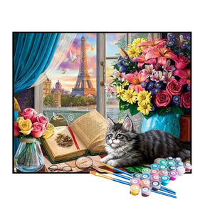 Kit de Pintura Numerada - Gato Leitor em Paris