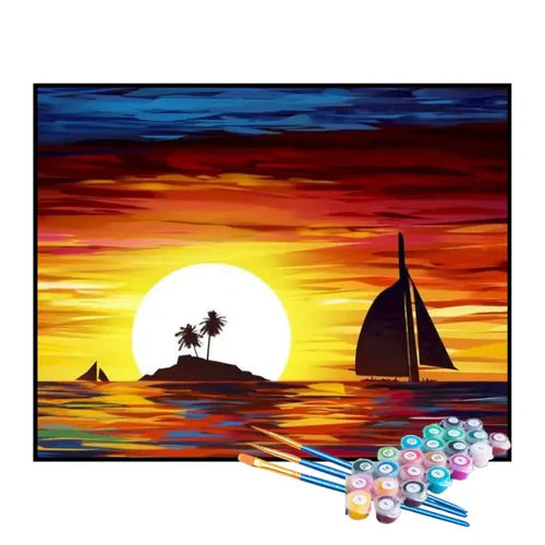 Kit de Pintura Numerada - Barquinho Navegando em Direção à Ilha sob o Sol