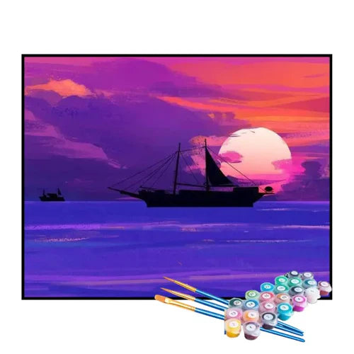 Kit de Pintura Numerada - Barco e Céu Rosado