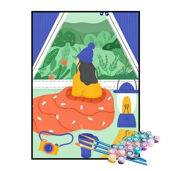 Kit de Pintura Numerada - Menina Acampando na Floresta