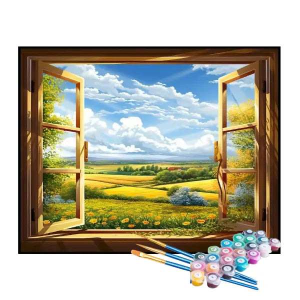 Kit de Pintura Numerada - A Janela para o Campo de Girassóis