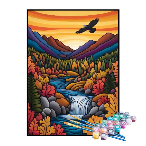 Kit de Pintura Numerada - Floresta com Cachoeira Colorida