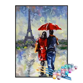 Kit de Pintura Numerada - Casal Visitando a Torre Eiffel em Aquarela