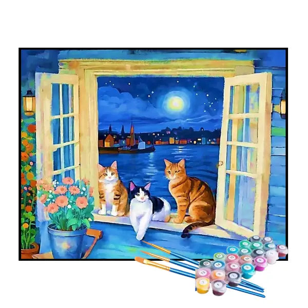 Kit de Pintura Numerada - Três Gatos na Janela