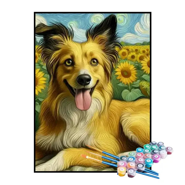 Kit de Pintura Numerada - Cachorro nos Campos de Girassóis Sob a Noite Estrelada