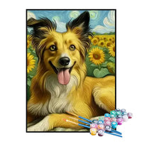 Kit de Pintura Numerada - Cachorro nos Campos de Girassóis Sob a Noite Estrelada