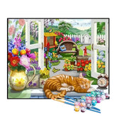 Kit de Pintura Numerada - Gatinho Dormindo na Janela do Jardim