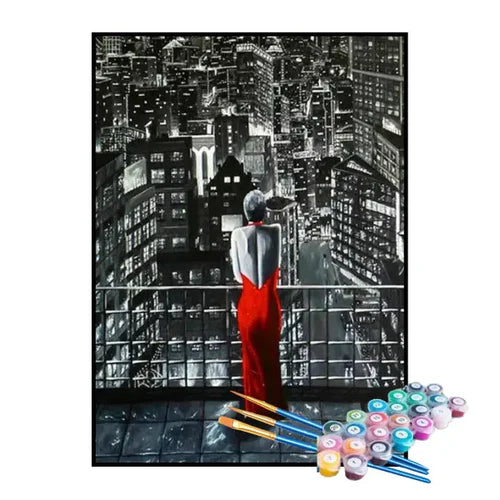Kit de Pintura Numerada - A Mulher de Vermelho na Cidade Grande