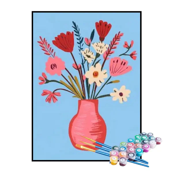 Kit de Pintura Numerada - Vaso de Flores Sobre Fundo Azul