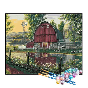 Kit de Pintura Numerada - Celeiro Vermelho na Fazenda